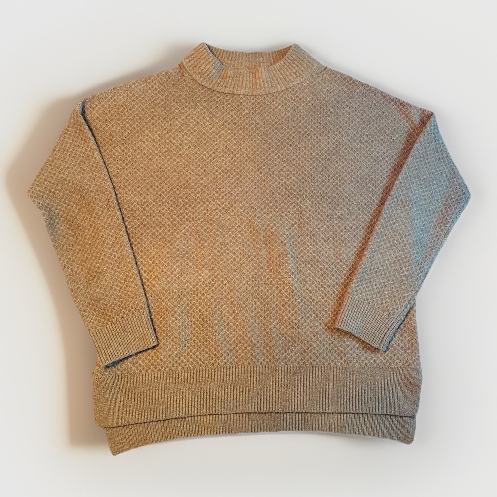 Brass Mock Neck Sweater Women Medium Tan Waffle Knit Wool Blend Relaxed Pullover